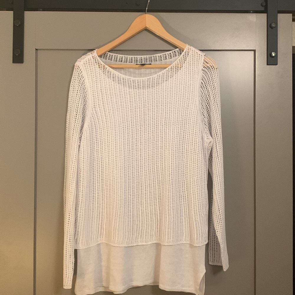 Eileen Fisher 100% Organic Linen Layered Sweater White Open Knit Women’s Medium